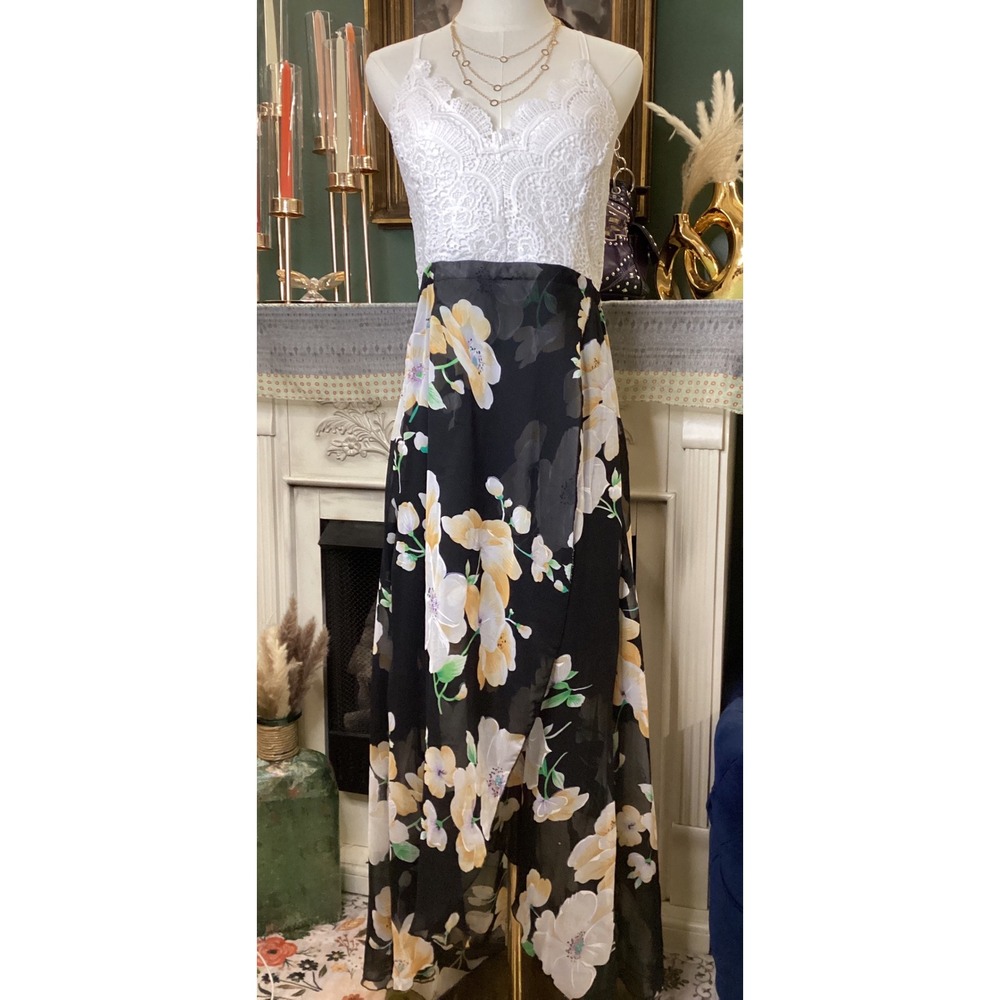 Blooming Jelly Women XL White Lace Floral Maxi Dress Backless Slit Summer Boho